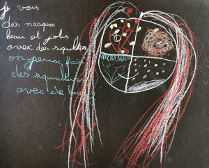 Dessin de masque, inspiré des masques de l'artiste.